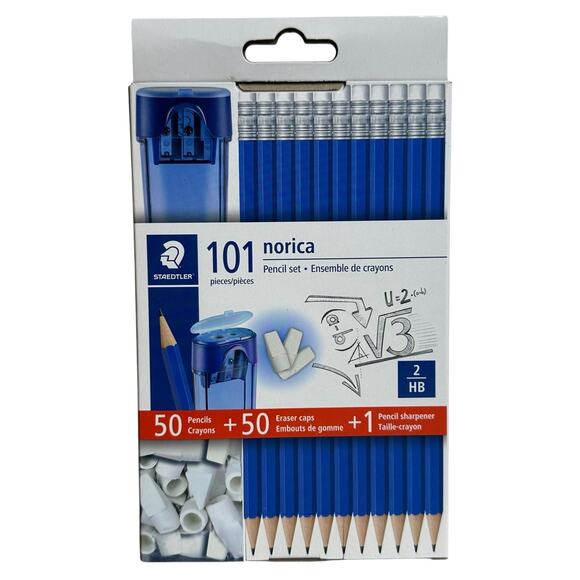 Norica 50 Pre sharpened #2 HB Pencils with 50 Eraser Caps and Sharpener School - Picture 1 of 6